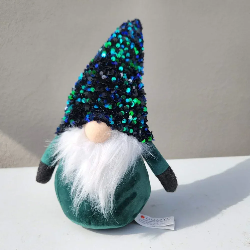 Christmas Decor Sequined Hat Gnome Green Weighted Plush Stuffed Animal Plushie N